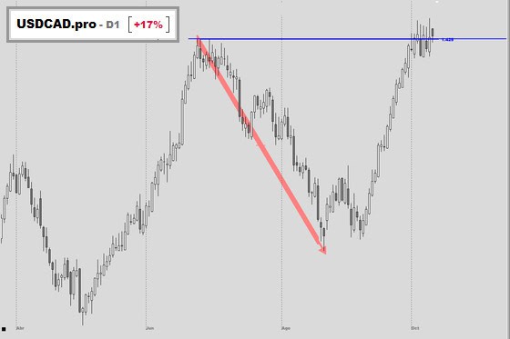 Caja blanca del TFX-Operador en un par de divisas: USDCAD en diario con su Señal en porcentaje