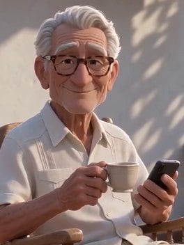 Un señor con un café, mirando la aplicación en su móvil